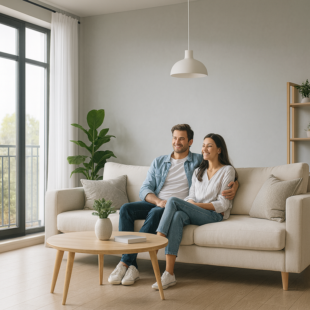 Helles, modern eingerichtetes Wohnzimmer mit gemütlicher Sitzgruppe